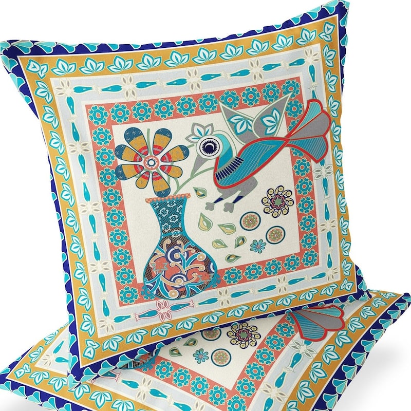 HomeRoots Set of Two 16" X 16" Blue and Gold Peacock Blown Seam Floral Indoor Outdoor Throw Pillow - 16.00' X '16.00' X '5.00