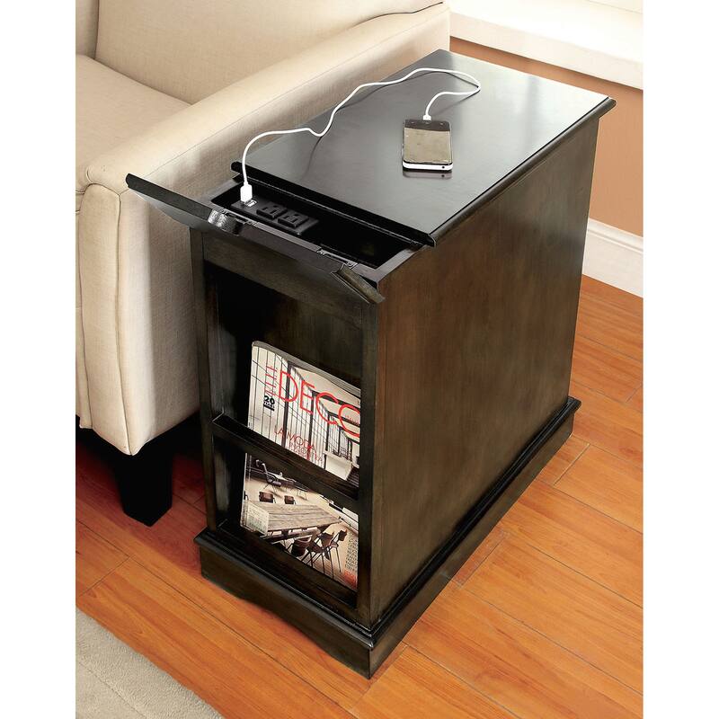 Transitional Side Table with Pull-Out Cup Holder and Built-In USB Outlet