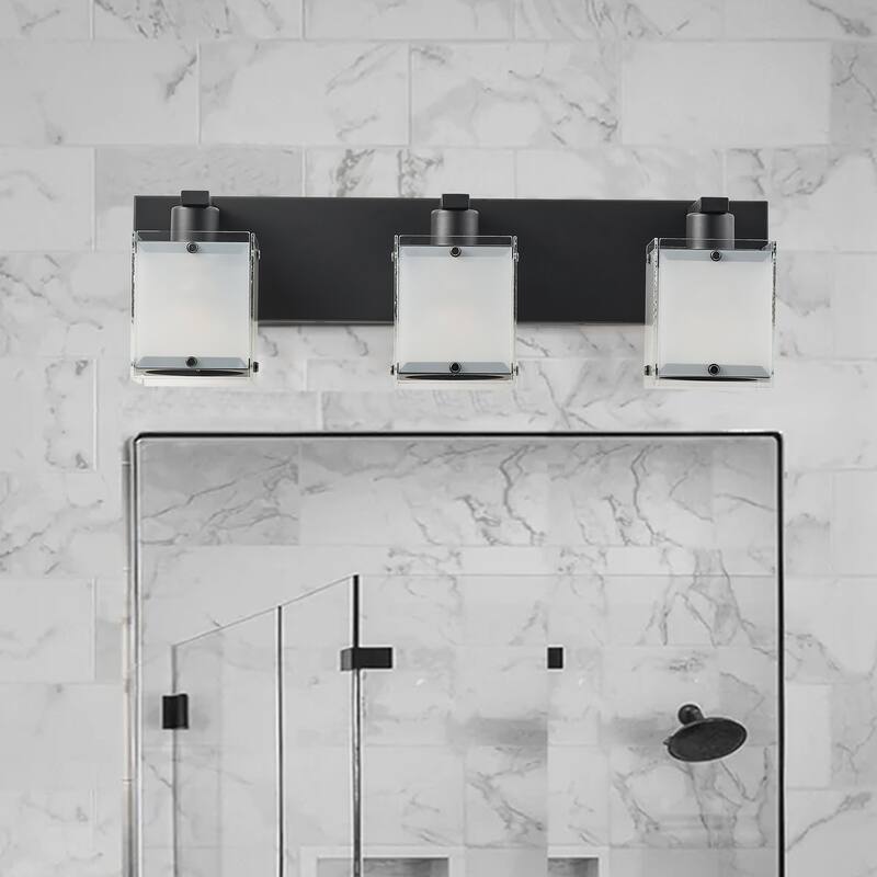 Matte Black 3-Light Bathroom Vanity Lighting with Rectangular Frosted Glass Shades