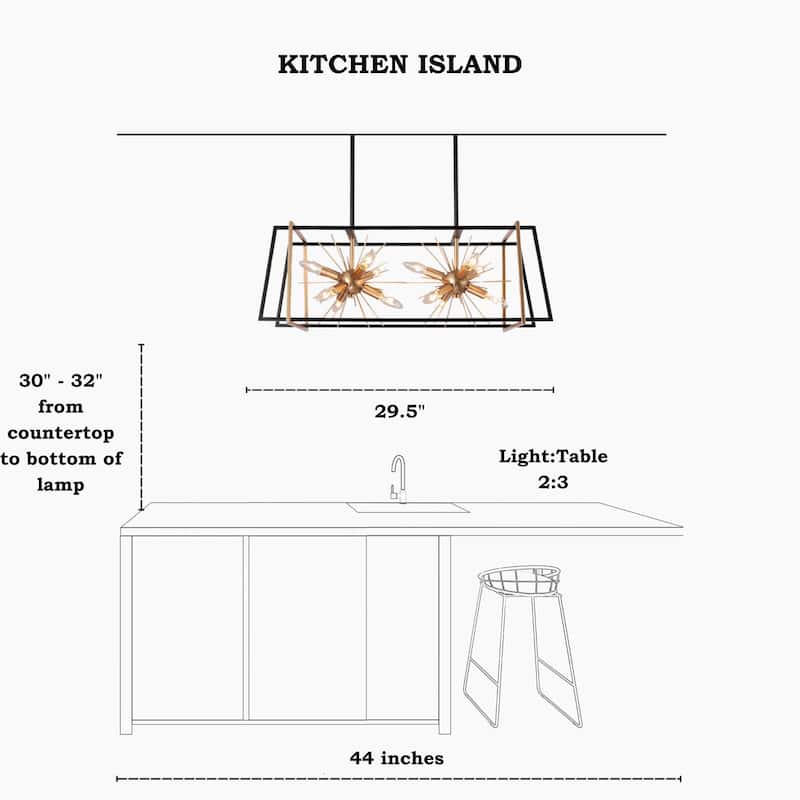 Modern 12-Light Black Gold Sputnik Chandelier Rectangle Island Lights for Dining Room - 29.5" L x 14" W x 10.5" H