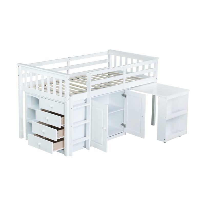 Twin Rubber Wood Loft Bed with Cabinet, Drawer, Shelf,Pulling-Out Desk - White
