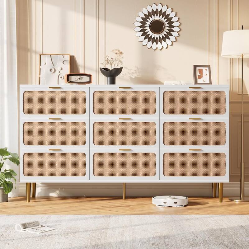 Rattan 9 Drawer Dressers TV Stand for Bedroom Living Room - White