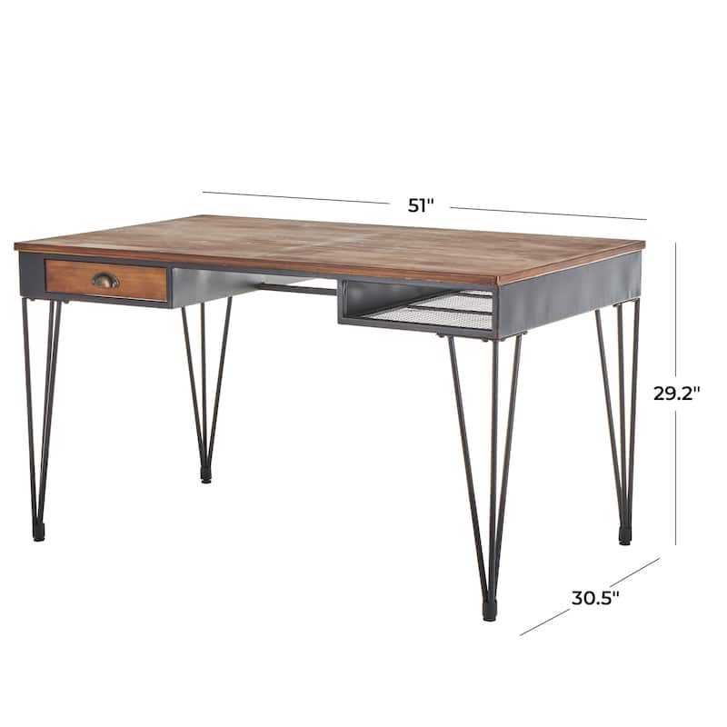 Metal Double Sided Desk with Brown Wooden Tabletop and Drawers - Black - Roche River Decor