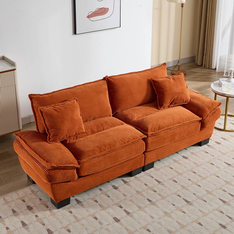 Orange Corduroy Upholstered Sofa Sleeper Loveseat with Pillows 84x32x32 inches