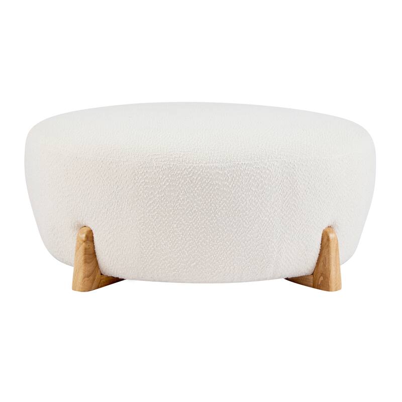 Roomfitters Round Boucle Ottoman with Splayed Rubber Wood Legs