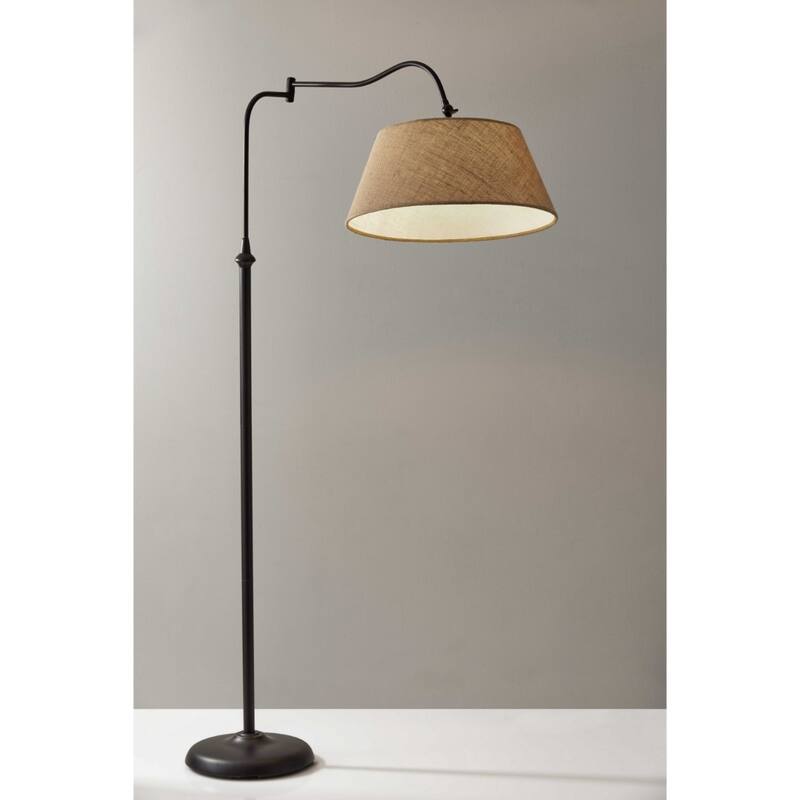 Bronze Metal Arched Floor Lamp with Brown Burlap Empire Shade Swing Arm - 29” x 17” x 61” (D x W x H)