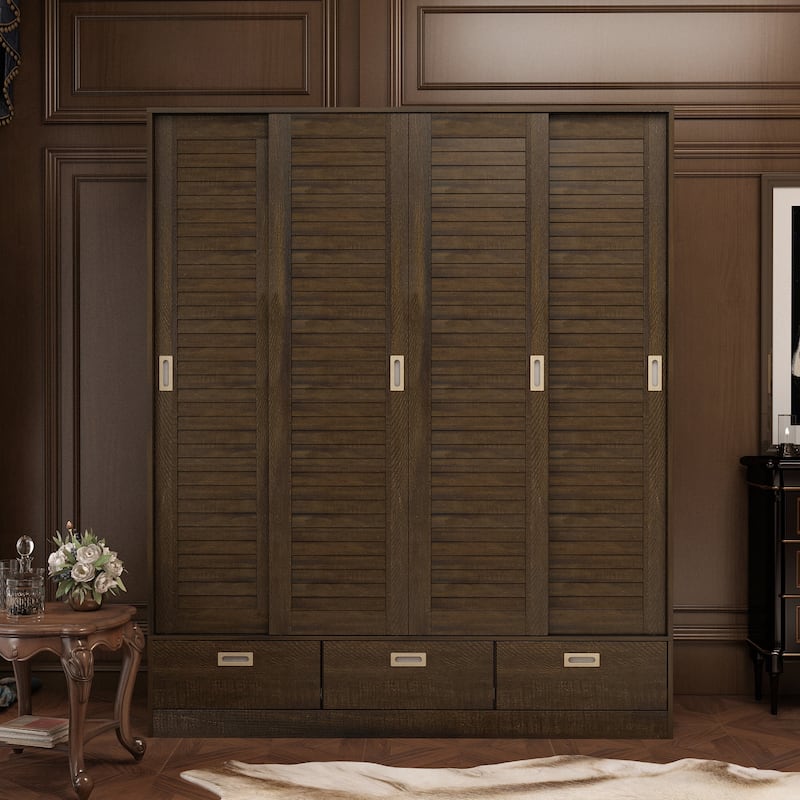 Brown Wood Grain Wardrobe with Drawers, Hanging Rod 4 Sliding Doors - Brown