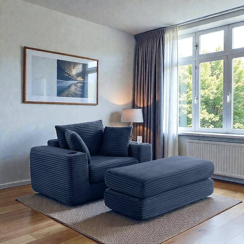 52.4" Boneless Chaise Lounge Chair, Corduroy Modular 3 in 1 Sofa Bed, Cloud Sleeper for Living Room Bedroom - Blue