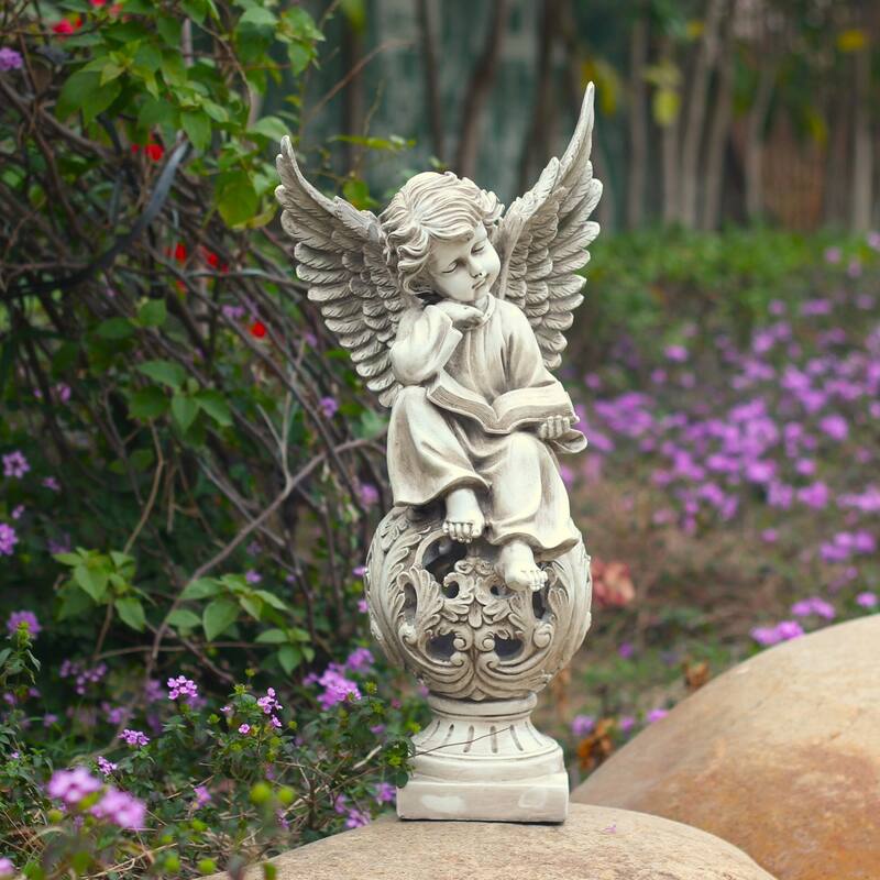 24 Inch Tall Set of 2 Polyresin Cherubs on Ornate Pedestals - 11.3x9.6x24.2