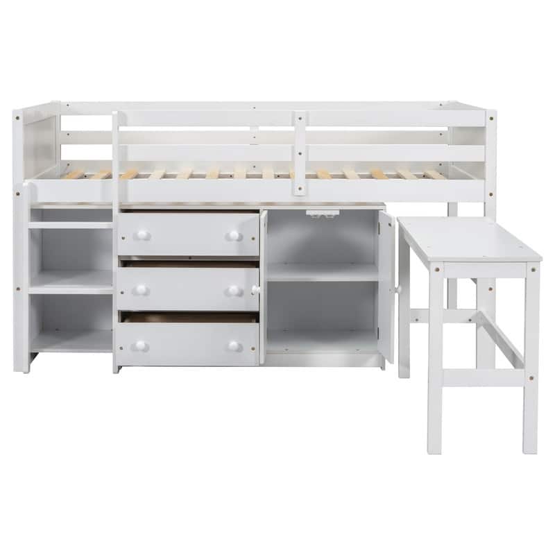Twin Size Low Loft Bed With Pull-Out Desk, Drawers, Cabinet, and Shelves