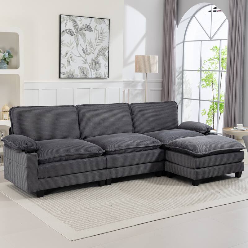 L-Shaped Modular Sectional Sofa with Ottoman, Oversized Corduroy Upholstered Cloud Couch with Cup Holders & Side Pockets