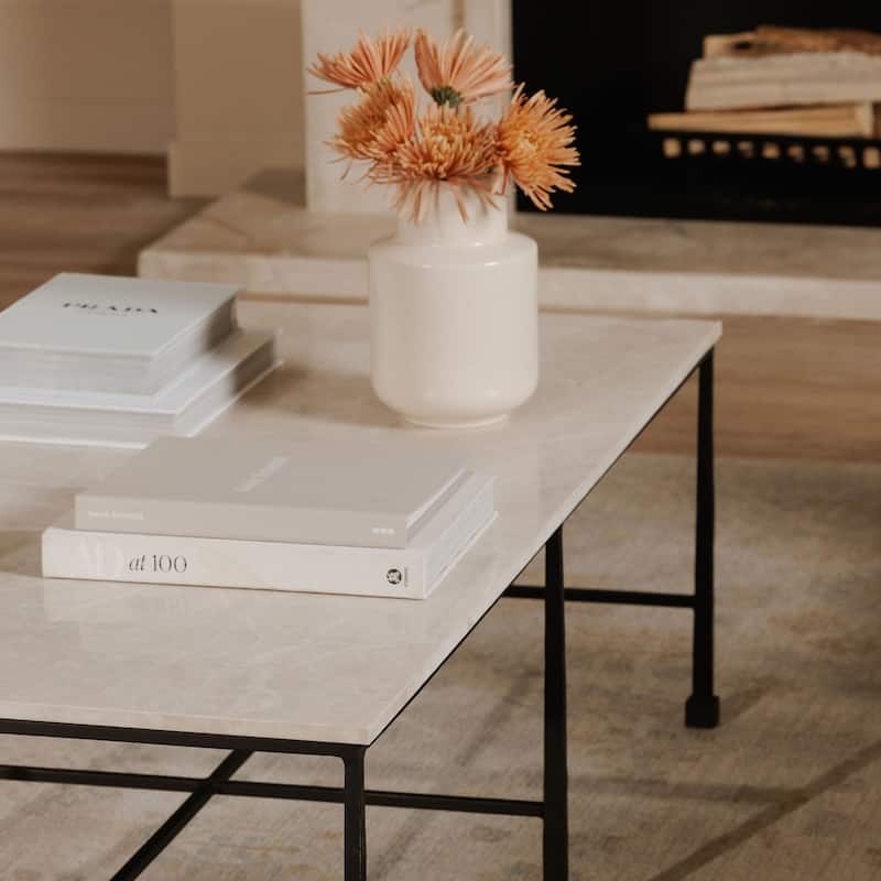 NADAAL STUDIOS Tylienne Coffee Table, Italian Botticino Marble, Hammered Blackened Iron Base