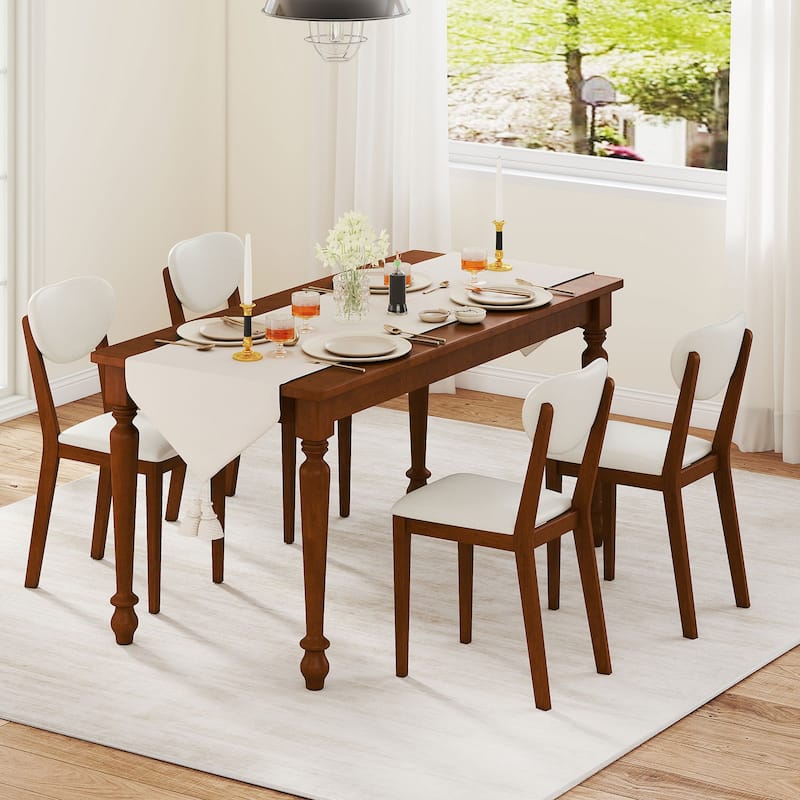 Set of 4 White Sherpa Upholstered Dining Chairs with Walnut Rubber Wood Legs for Home or Kitchen - 16.5" x 20.5" x 34.5"