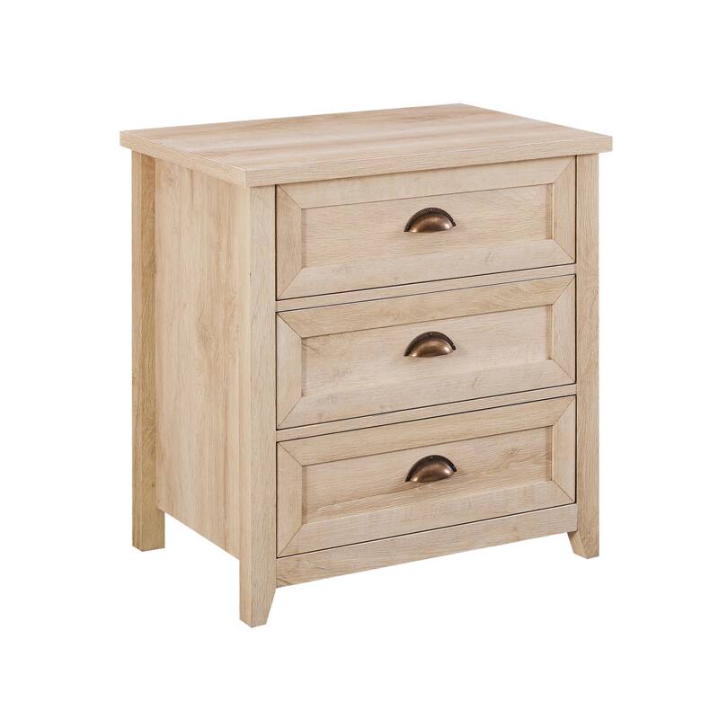 White Oak Farmhouse Nightstand with 3 Drawers and Cup Handles - Brown
