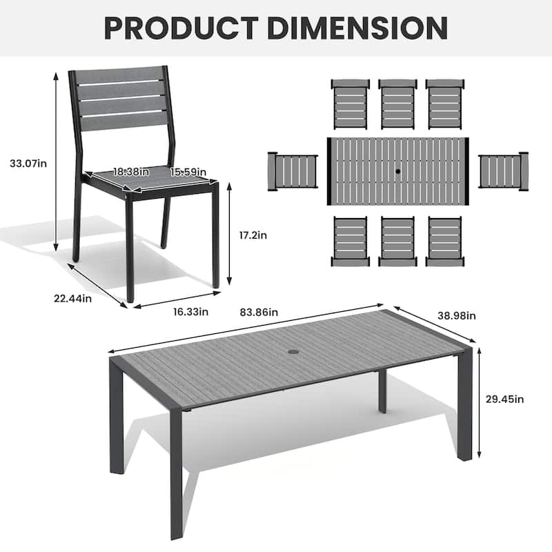 7/9/11-Piece Outdoor Patio Dining Set Aluminum Dining Table with Umbrella Hole and Stackable Dining Chairs