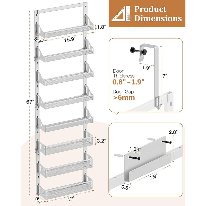 8-Tier Over the Door Pantry Organizer, Large Metal Door Spice Rack with Adjustable Basket - 6.4"D x 17"W x 70"H