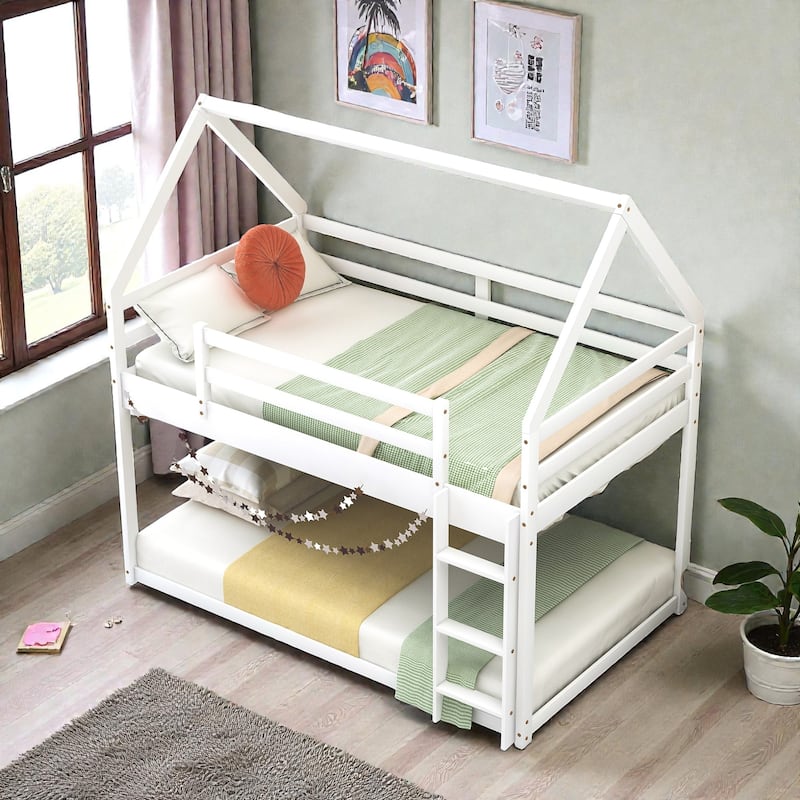 Twin over Twin Low Bunk Bed House Frame with Ladder, Kids Wooden Bunk Bed, Pine Wood and MDF, No Box Spring