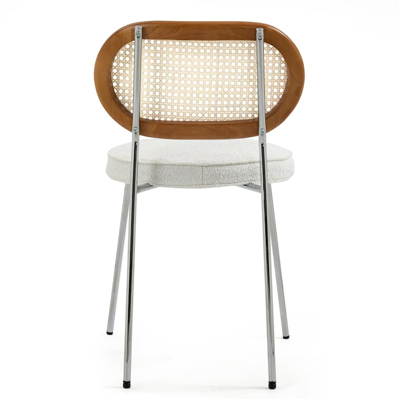 Set of 2 Azem White Boucle Dining Chair with Rattan Backrest and Chrome Legs