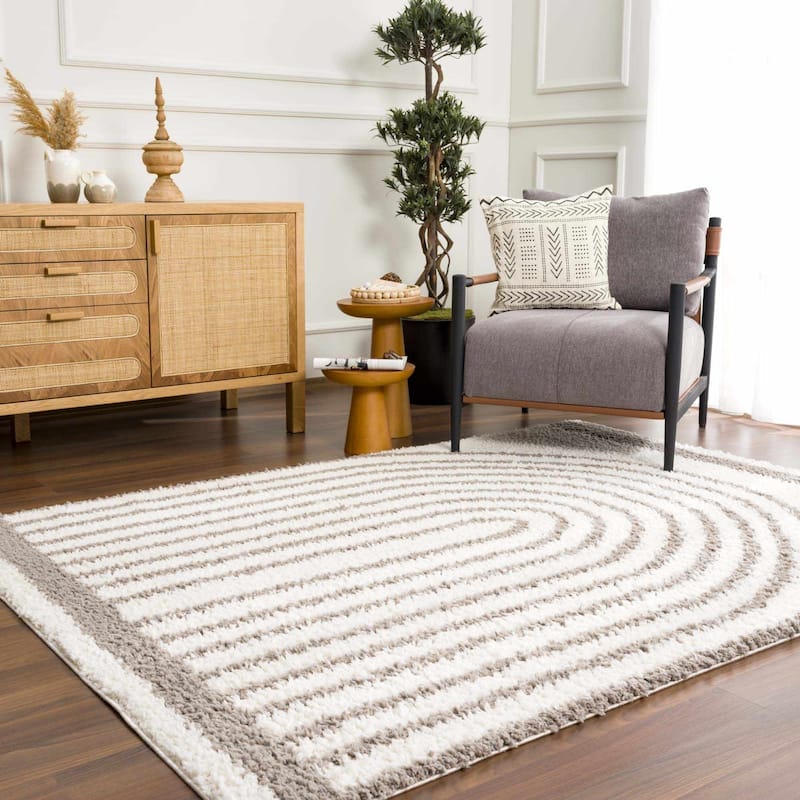 Hauteloom Jola Living Room, Bedroom Area Rug - Plush Pile - Bone, Taupe, Cloud Gray - 6'7" x 9'