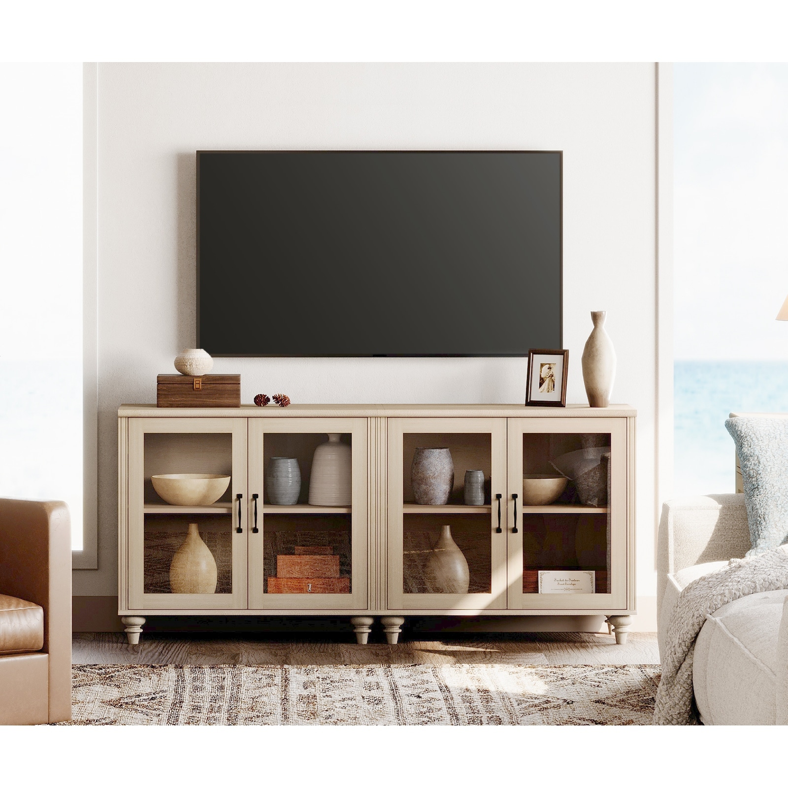 TV Stand with Glass Doors, TV Console Table TV Cabinet