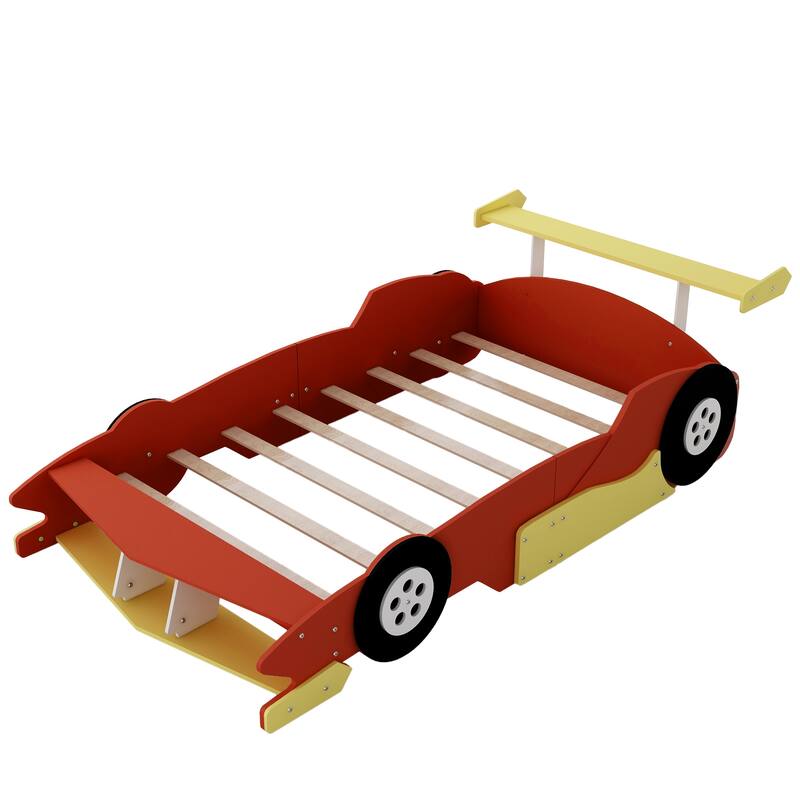Red Full Size Race Car-Shaped Platform Bed with Wheels