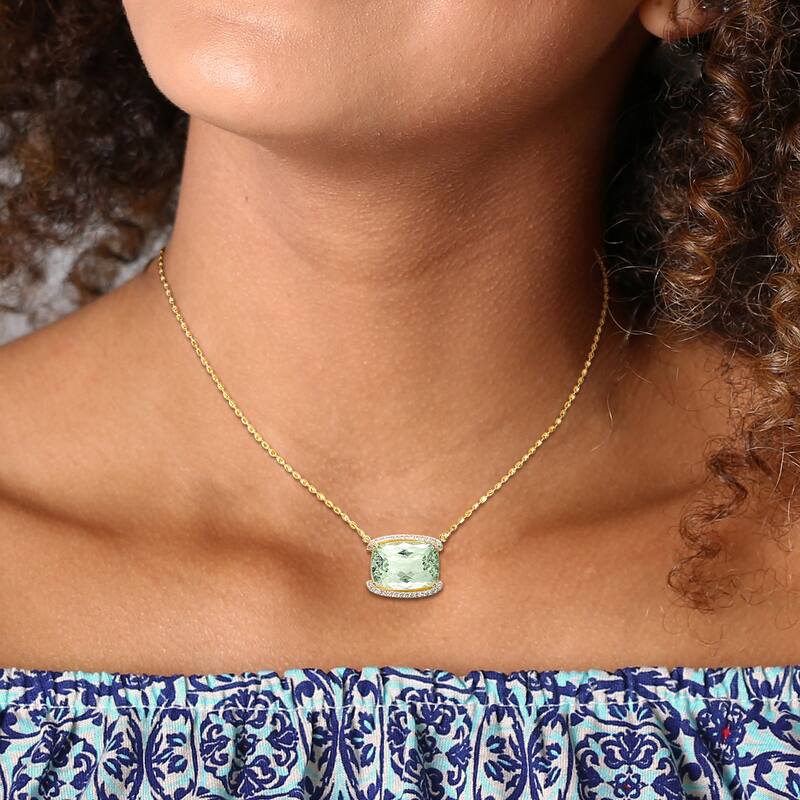 Miadora 16 5/8ct TGW Cushion-Cut Green Quartz White Topaz Necklace Yellow Silver