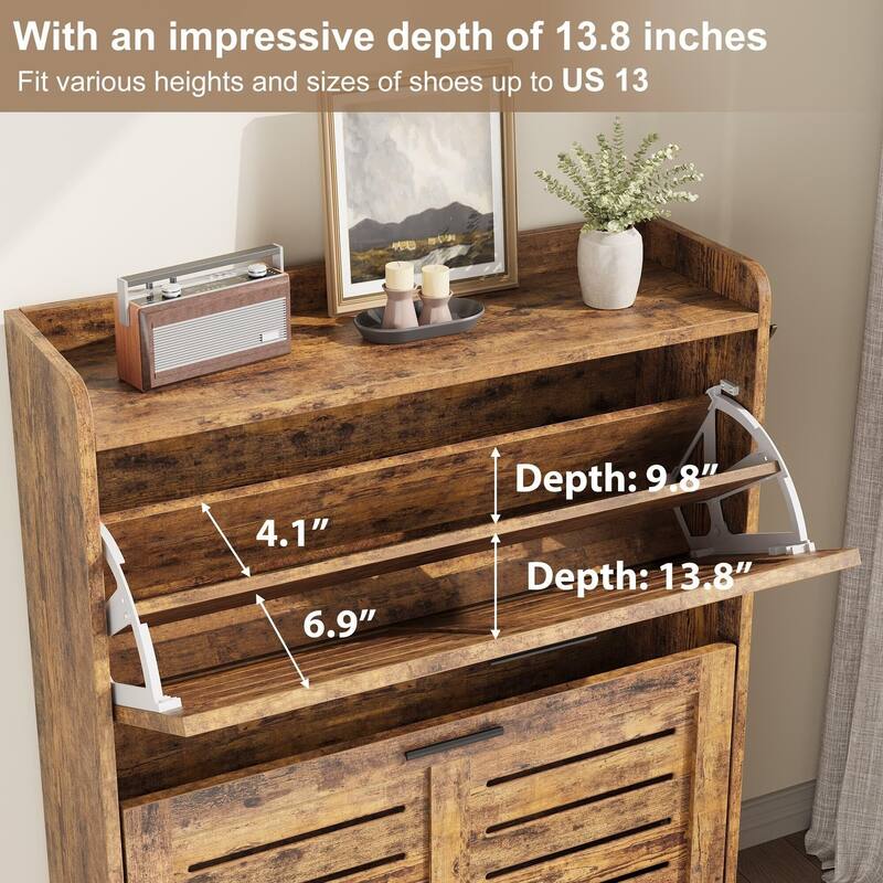 Slim Entryway Shoe Cabinet, 2 Flip-Drawer Organizer with Adjustable Shelves