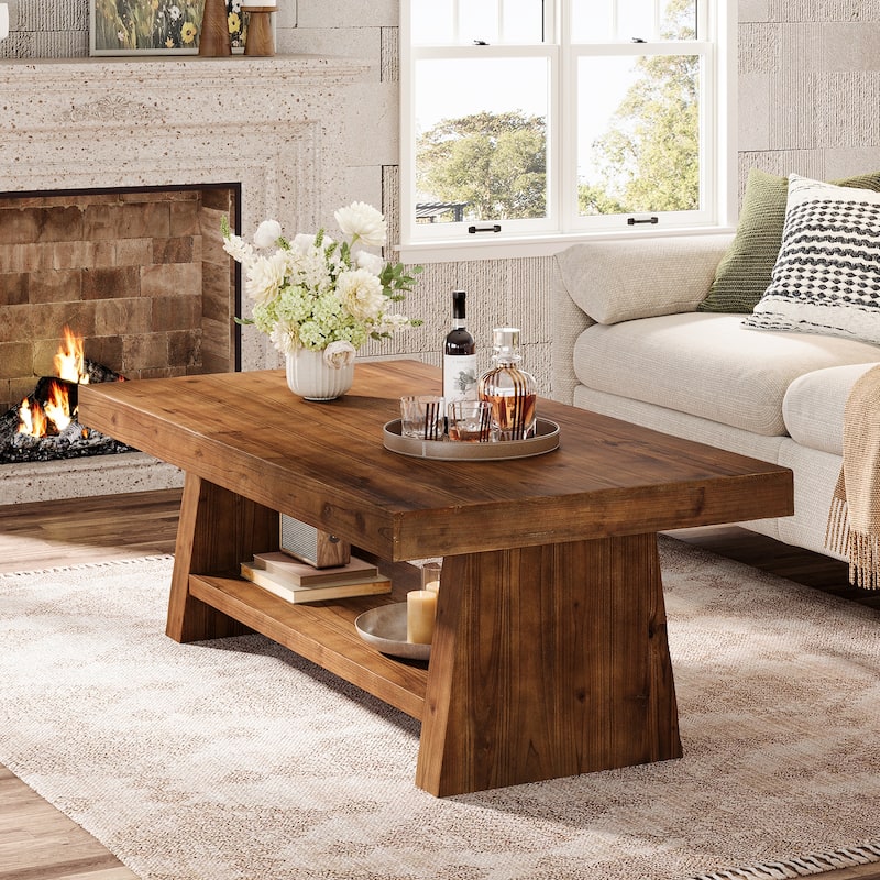 2 Tier Solid Wood Coffee Table for Living Room, 47 Inch Rectangular Center Table with Storage Shelves