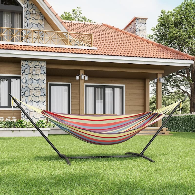 Outdoor Portable Double Hammock for Outside Garden Backyard - Yellow Rainbow Stripes
