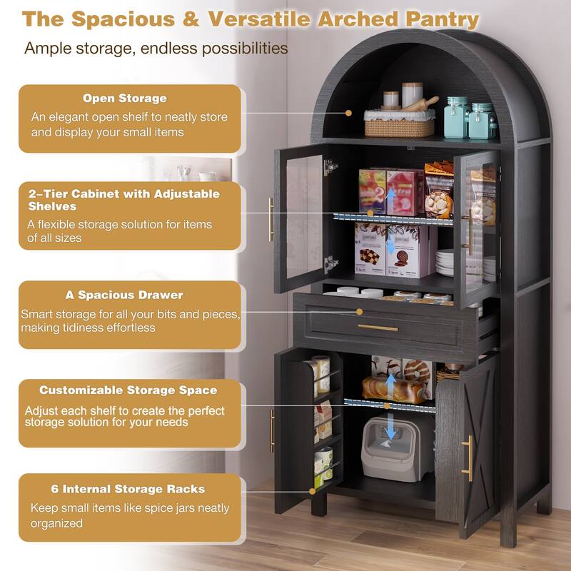 Arched Kitchen Pantry Cabinet with Glass Door, Farmhouse 71" Storage Cabinet with Adjustable Shelves & Barn Door Design
