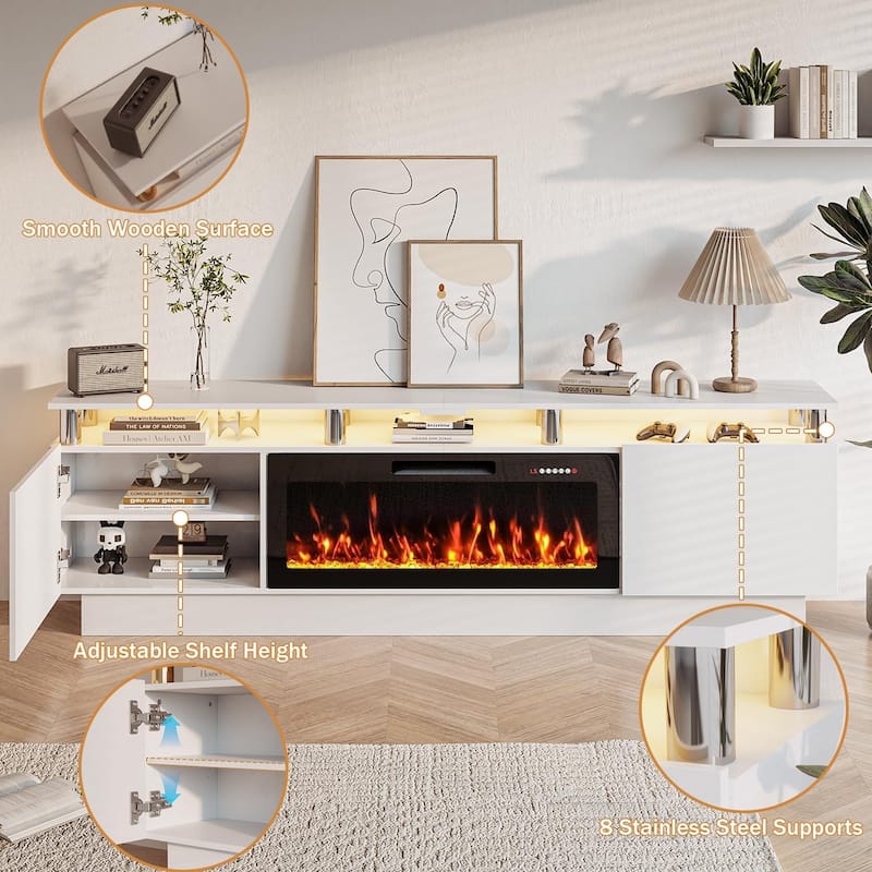 BOSSIN Modern 80" TV Stand with 36" Fireplace & LED Lights for TVs Up to 90", White with Golden Pillars, Storage Cabinets