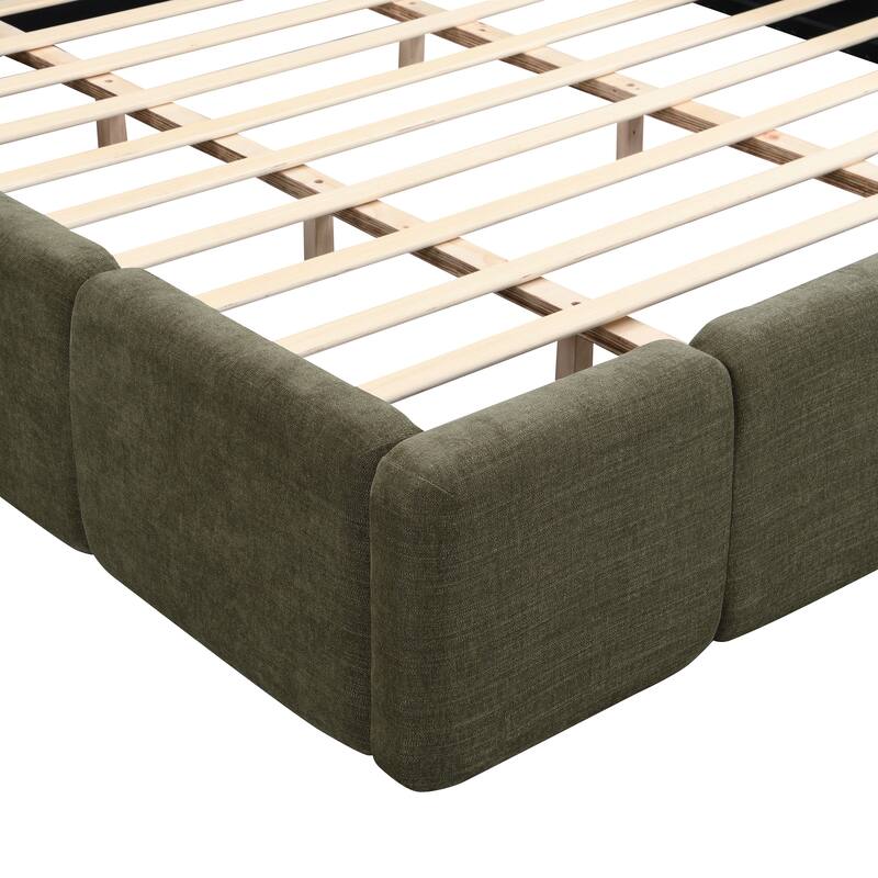 Boucle Upholstered Bed Low Profile Grounded Bed Block-shape Floor Bed Wingback Platform Bed with Thick Headboard and Footboard