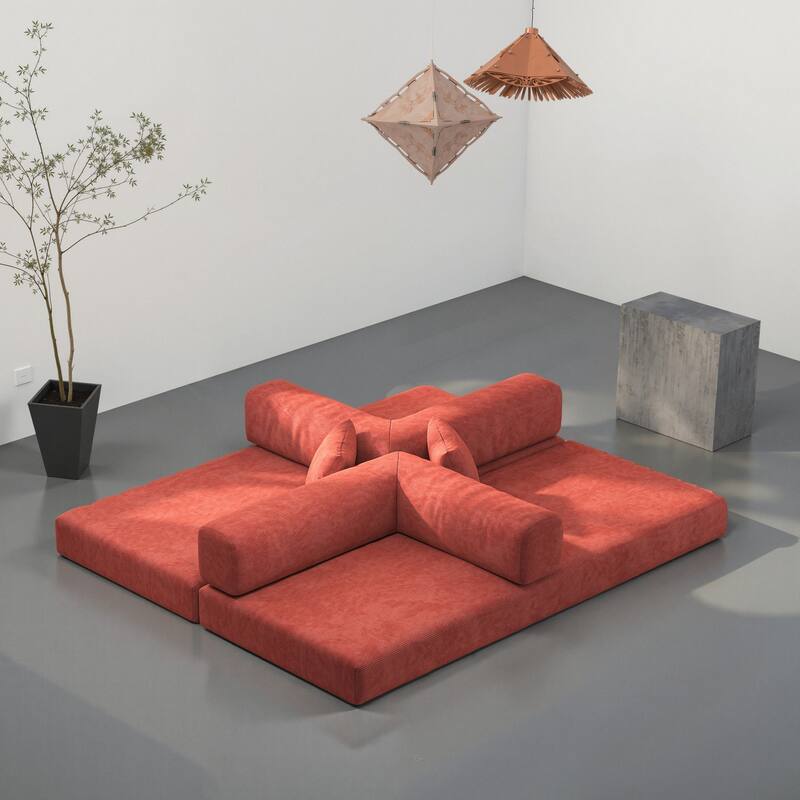 78.8 inch Modular Sectional Sofa Convertible Pudding Block Floor Sofa Bed Orange Living Room