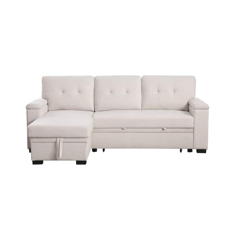 84.5"W Beige Woven Reversible Sleeper Sectional Sofa with Storage Chaise, 53x84x34 inches, 188 lbs
