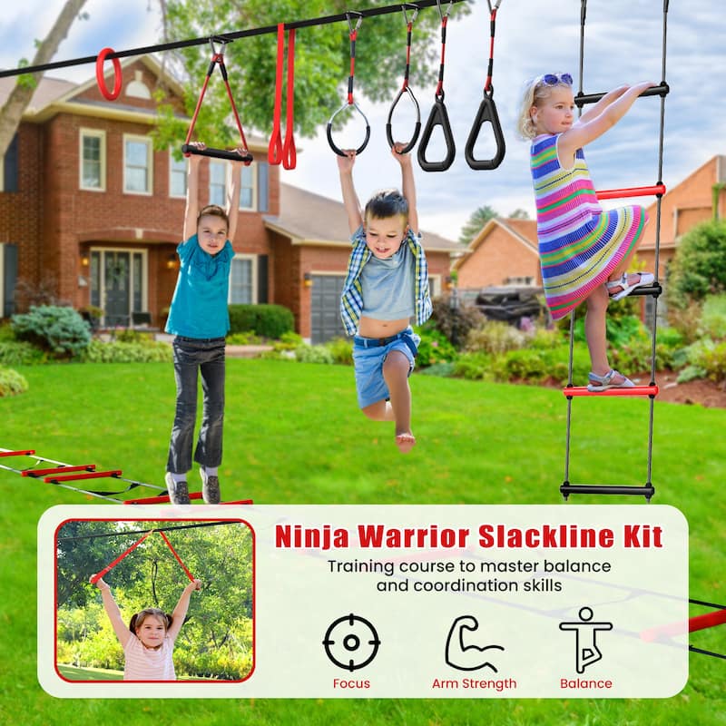 50ft Ninja Warrior Obstacle Course for Kids with Suspension Bridge Tree Slackline Jungle Gym for Backyard