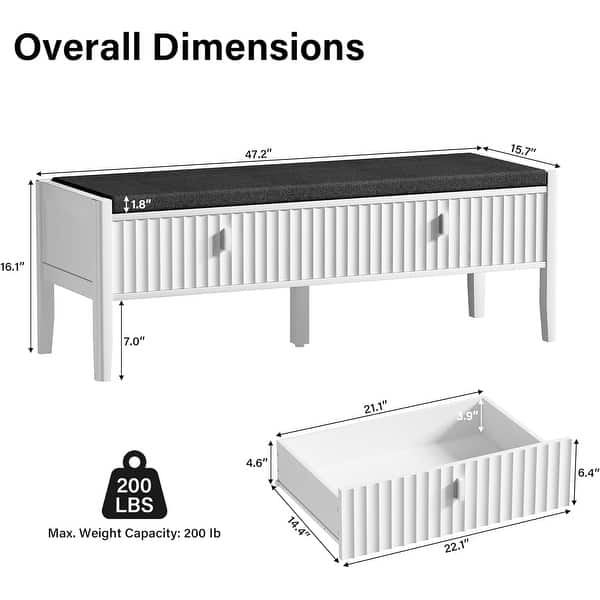 dimension image slide 0 of 2, Fluted Shoe Storage Bench with Drawers and Cushioned Seat, 47.2 Inch Entryway Bench for Bedroom Living Room Hallway