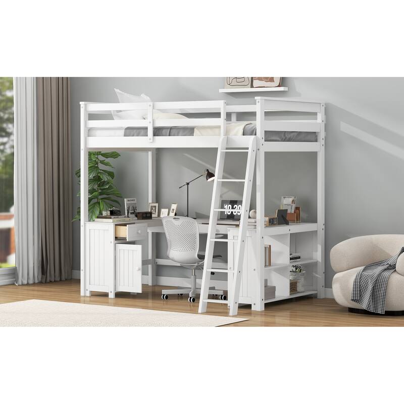 Full Size Loft Bed with U-shaped Desk, Drawers, and Storage Shelves in White