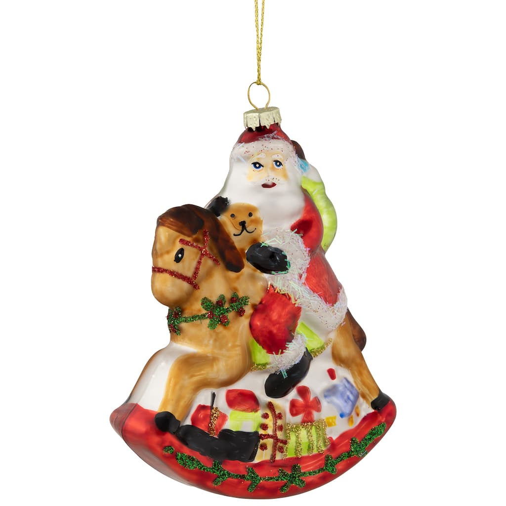 Santa on a Rocking Horse Glittered Glass Christmas Ornament - 4.75" - Red