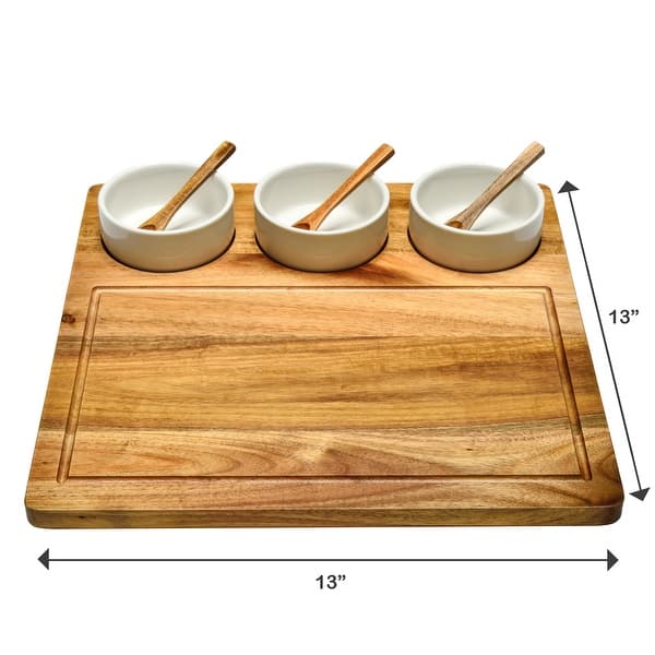 dimension image slide 1 of 2, Picnic at Ascot Premium Acacia Charcuterie Board Set with Ceramic Bowls and acacia spoons - 13" x 13"