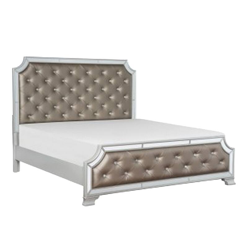 Badra Four Pc Queen Bedroom Set, Crystal Tufted Gray Faux Leather, Silver Mirror Trim