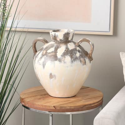 Cream Ceramic Antique Style Pot Decorative Vase with Arched Handles