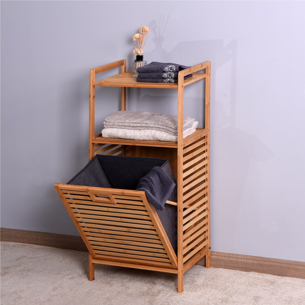 Brown Bamboo Bathroom Laundry Storage Floor Cabinet with 2-tier Shelf - 17.32 x 13 x 37.8 inch