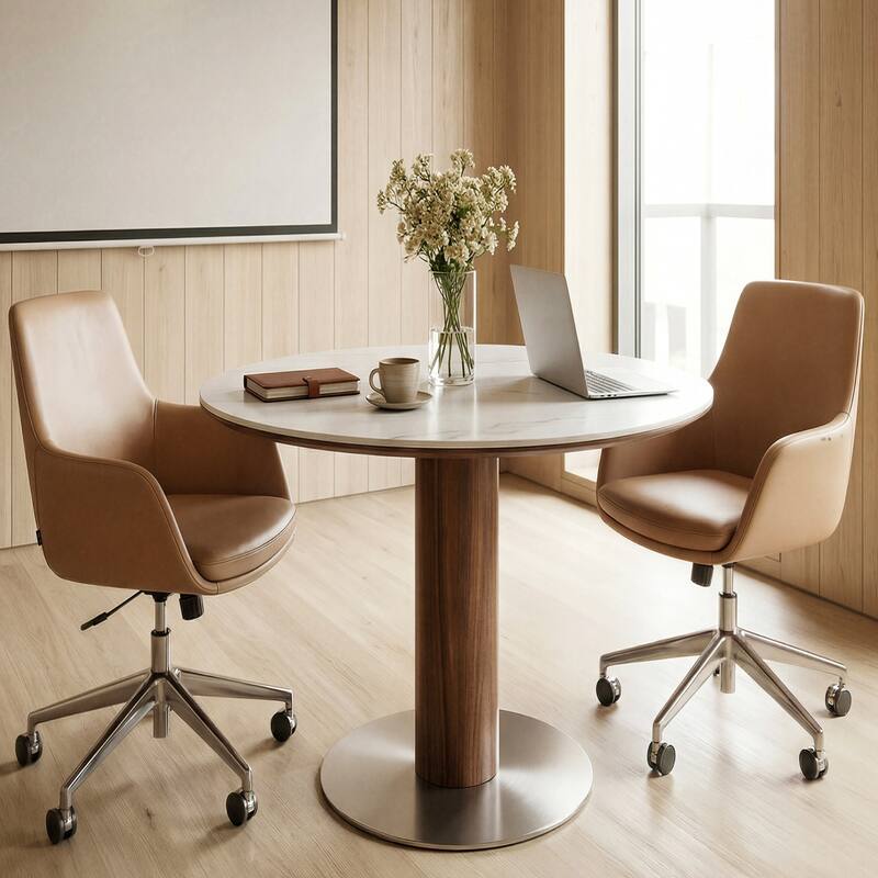31.5 Inch Round Conference Table for 2-4, Office Meeting Table with Thicken Sintered Stone Tabletop - 31.5" Dia. x 29.53" H