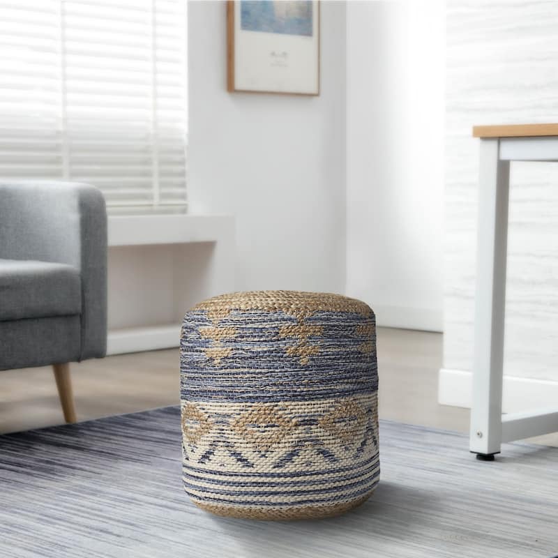 18" Navy Blue and Brown Geometric Jute Round Pouf Ottoman