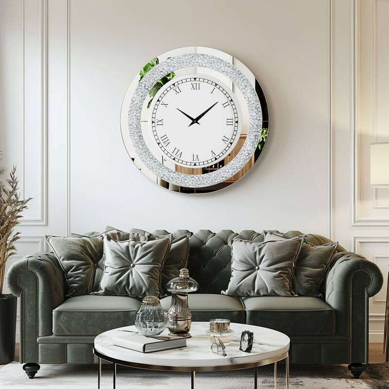 Round Mirror Clock Tinted Crushed Diamond Mirrored Wall Clock - 24"x1.8"x24"