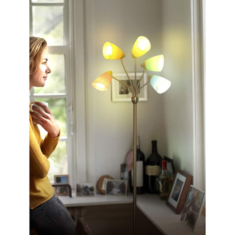 Brightech Medusa 74 in. Antique Brass Modern 5-Light Height Adjustable Gooseneck LED Floor Lamp with 5 Multicolored Cone Shades