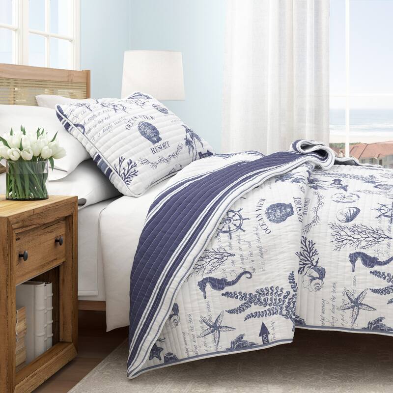 Linery & Co. Cotton Stitched Reversible Coastal 3 Piece Quilt and Sham Set - Seacoast Memories - Queen