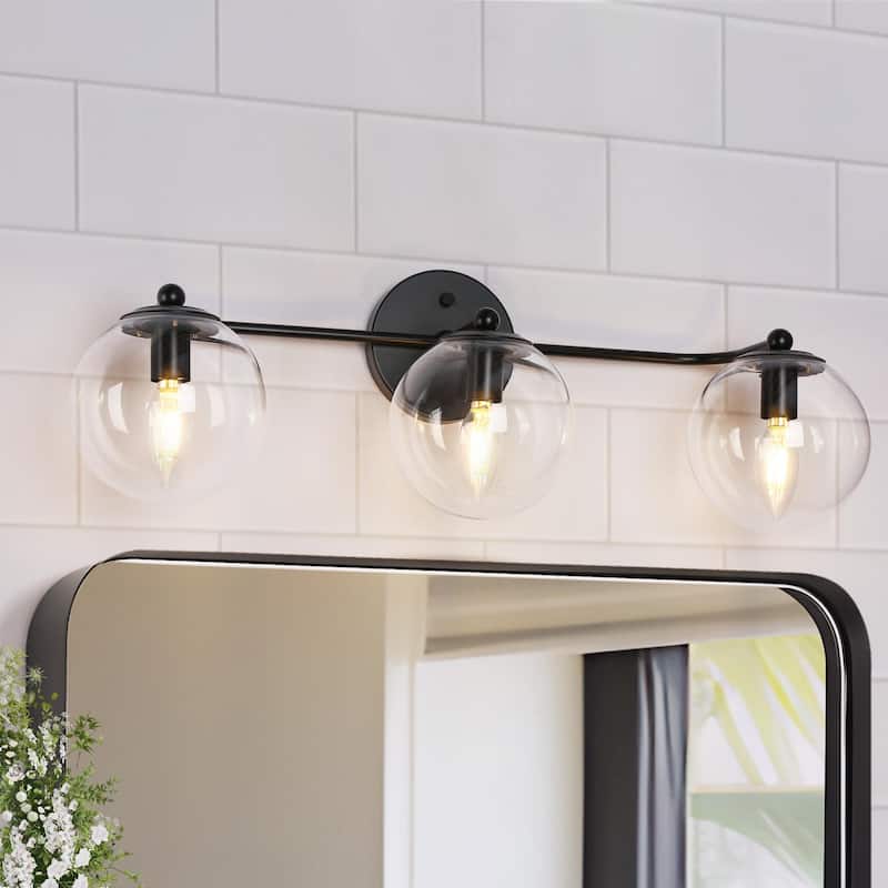Modern 3-Light Black Bathroom Vanity Lights Linear Fixtures with Clear Triple-globe Glass Shades Wall Sconces for Bathroom