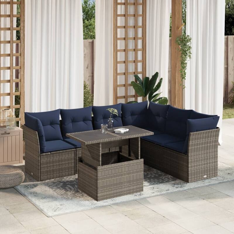 vidaXL 7 Piece Patio Sofa Set with Cushions Brown/Gray Poly Rattan - 24.4 x 24.4 x 27.2 - Gray without storage