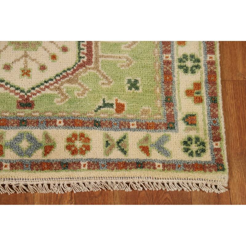 Light Green Geometric Khotan Indian Foyer Rug Hand-Knotted Wool Carpet - 2'11"x 5'0"